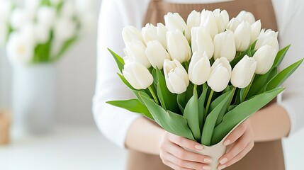 Poster - Charming Arrangement of White Tulips in a Modern Vase Held by Hands in a Soft Setting : Generative AI