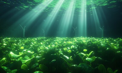 Poster - Underwater scene illuminated by sunlight, featuring lush greenery and wind turbines in the background.
