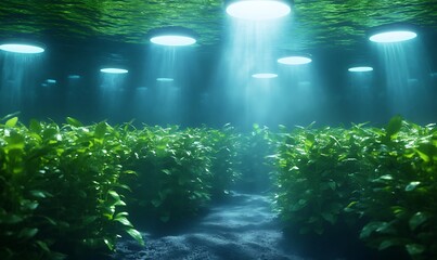 Aufkleber - Underwater scene illuminated by beams of light, showcasing lush green plants.