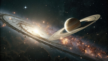 Wall Mural - A glowing planetary disk levitating in an infinite cosmic void, surrounded by subtle star clusters and nebulae, evoking a futuristic and minimalistic celestial atmosphere perfect for design use.