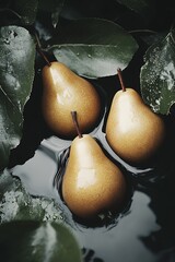 Poster - Artistic composition of three pears resting on green leaves with reflections in still water : Generative AI