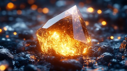 Poster - Magnificent amber crystal resting on dark ground with glowing highlights creating a warm and inviting ambiance : Generative AI