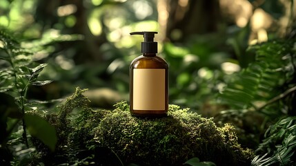 Poster - Chic amber bottle set on lush moss in a vibrant forest for modern skincare visuals : Generative AI