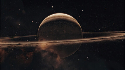 Wall Mural - A glowing planetary disk levitating in an infinite cosmic void, surrounded by subtle star clusters and nebulae, evoking a futuristic and minimalistic celestial atmosphere perfect for design use.