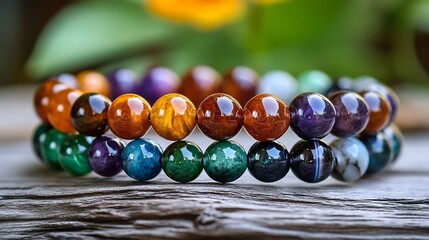 Poster - Vibrant gemstone bracelet showcasing colorful beads with natural light and wooden background : Generative AI