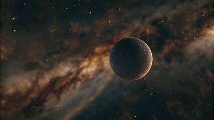 Wall Mural - A glowing planetary disk levitating in an infinite cosmic void, surrounded by subtle star clusters and nebulae, evoking a futuristic and minimalistic celestial atmosphere perfect for design use.