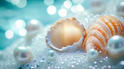 Aufkleber - Elegant composition of seashells and glossy pearls displaying the beauty of undersea life with shimmering reflections : Generative AI