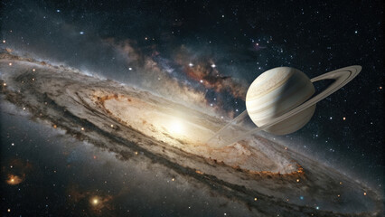 Wall Mural - A glowing planetary disk levitating in an infinite cosmic void, surrounded by subtle star clusters and nebulae, evoking a futuristic and minimalistic celestial atmosphere perfect for design use.