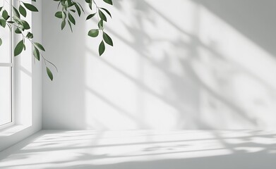 Poster - Elegant green foliage softly illuminated creating delicate patterns on a plain white wall : Generative AI