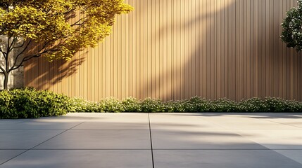Poster - Elegant outdoor setting with warm wooden wall and lush greenery designed for relaxation : Generative AI