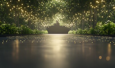Aufkleber - A serene, illuminated pathway lined with foliage leading to a calm water surface reflecting lights.