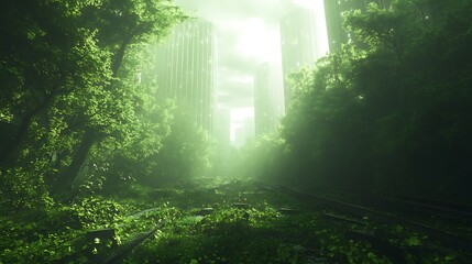 Poster - Lush greenery overtakes abandoned buildings, creating a serene, post-apocalyptic landscape.