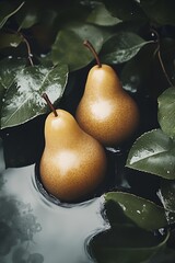 Poster - Two ripe pears among lush green foliage reflected beautifully in the still water surface : Generative AI