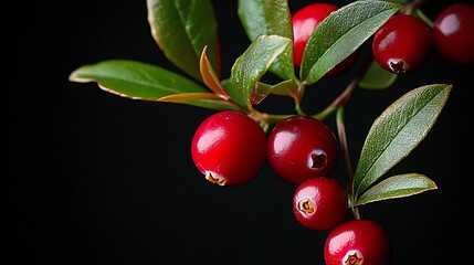 Poster - Artistic close up of glossy red berries and green leaves showcasing nature's beauty on a dark backdrop : Generative AI