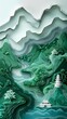 © jinzhen - Green and white paper cut landscape illustration poster background