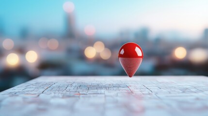 Poster - Icon Pin Location Map A red pin icon placed on a detailed city map, highlighting a specific location, top down view, shallow depth of field.