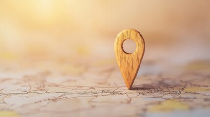 Poster - Icon Pin Location Marker A wooden pin marker with a carved design, placed on a vintage map, rustic aesthetic, warm lighting.
