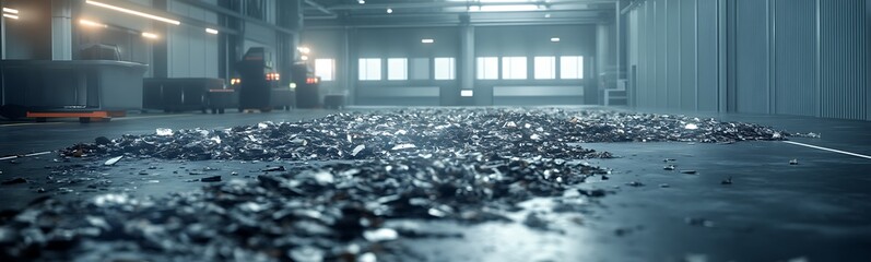 Poster - A dimly lit industrial space with a scattered metallic surface creating a mysterious atmosphere.