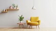 © Perabot - Bright, minimalist living area with a pop of yellow.  Wooden shelving, small plants, and a comfortable armchair create a cozy, modern feel