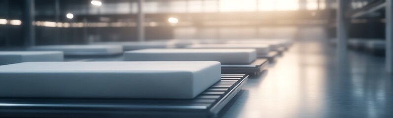 Poster - Minimalist industrial scene featuring stacked white mattresses in a spacious, well-lit environment.