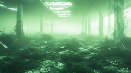 Poster - Abandoned interior with a green hue, overgrown with vegetation and debris, evoking a sense of neglect and environment reclamation.