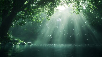 Poster - Serene forest scene with sunlight streaming through trees over a tranquil water surface.
