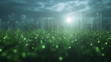 Poster - Futuristic cityscape with a green, illuminated foreground under a cloudy sky.