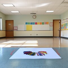 Aufkleber - Art Supplies and Drawing on a Large Sheet of Paper in a Bright and Spacious Classroom Environment.