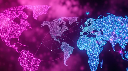 Global network connection, digital world map, data flow, abstract background, technology concept