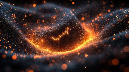 Abstract fiery particles, data graph, dark background.  Possible stock photo use design element, technology, science