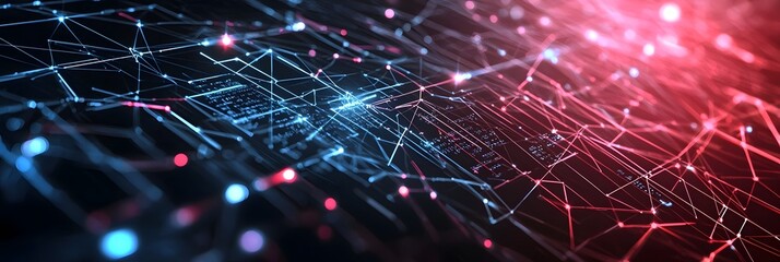 A futuristic abstract background depicting a complex network of digital signals traveling through a vibrant luminous data grid