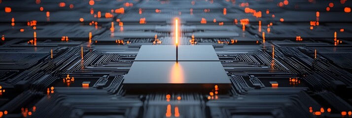 Fototapete - A futuristic and abstract digital landscape featuring a single glowing antenna transmitting signals across an intricate network of circuits and microchips