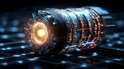 Fototapete - A futuristic digital depicting a powerful electric motor powered by the convergence of sun rays into its intricate glowing core representing innovation in renewable energy technology