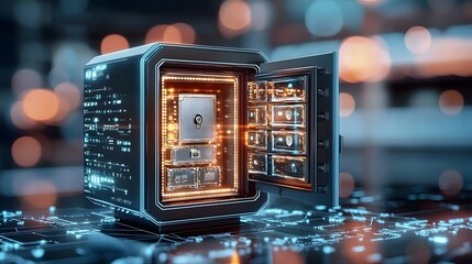 Poster - A glowing futuristic safe opening to reveal a secure high tech vault filled with valuable digital assets and confidential information