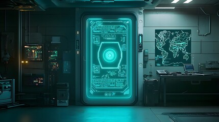 Poster - A high tech futuristic vault door with a glowing biometric scanner panel set against a dimly lit industrial interior with various electronic components and interfaces