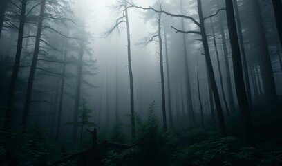  Moody atmospheric forest scene dark grey mysterious fog. AI Generated