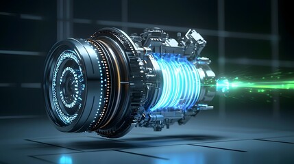 Fototapete - A highly advanced intricately designed hydrogen powered electric motor emitting soft glowing blue and green plasma energy showcasing innovative industrial technology and engineering