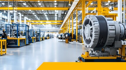 Poster - A large industrial factory interior featuring heavy production equipment and an electric motor driving the in a modern automated manufacturing setting