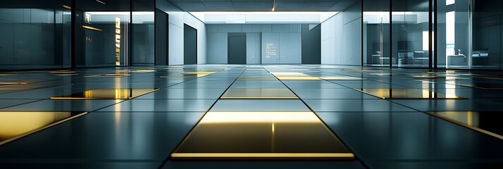 Leinwandbilder - A modern minimalist interior with a symmetrical layout featuring polished gold bars that reflect the bright lighting creating a sleek and elegant atmosphere