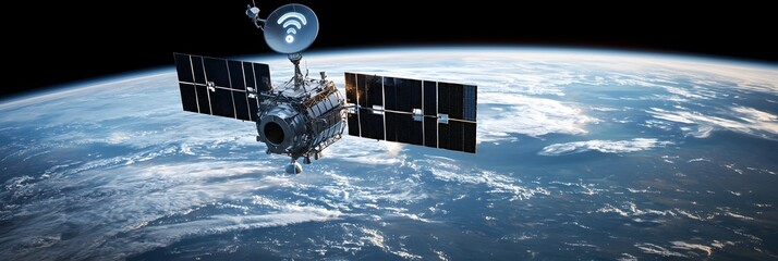 Poster - A satellite in orbit equipped with solar panels and communication antennas transmitting data and signals from its vantage point in space above the Earth s surface
