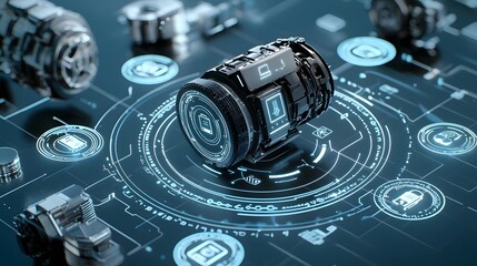 Leinwandbilder - A sleek and advanced electric motor floating amidst a digital dashboard displaying various zero emission indicators showcasing the of cutting edge technology and sustainable design