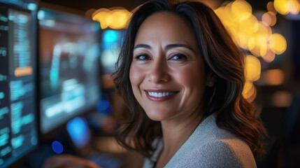 Confident professional woman smiling in front of computer screens filled with data illuminated by soft background lights in a workplace