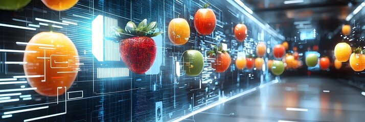 Poster - A visually striking composition blending digital fruit elements with a futuristic holographic sci fi inspired aesthetic creating a captivating technology infused scene