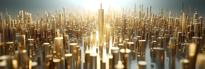 Poster - A visually striking futuristic cityscape featuring a dynamic array of gleaming golden skyscrapers reaching skyward in a dramatic abstract composition