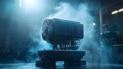 Fototapete - An industrial electric motor surrounded by misty blue energy effects representing the use of clean hydrogen fuel cells to power industrial