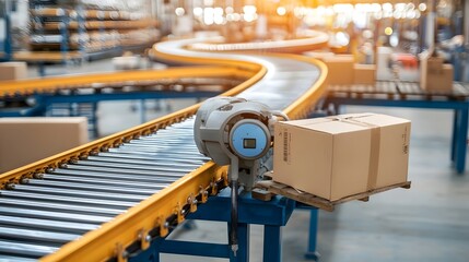 Poster - Automated conveyor belt system transporting packages and goods in an efficient high tech warehouse or distribution center