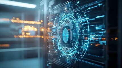 Aufkleber - Close up view of a futuristic biometric scanning system displaying intricate digital patterns and interfaces to unlock a state of the art secure safe