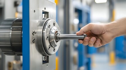 Leinwandbilder - Close up view of a person s hand operating the sturdy steel wheel handle of an industrial vault or security mechanism