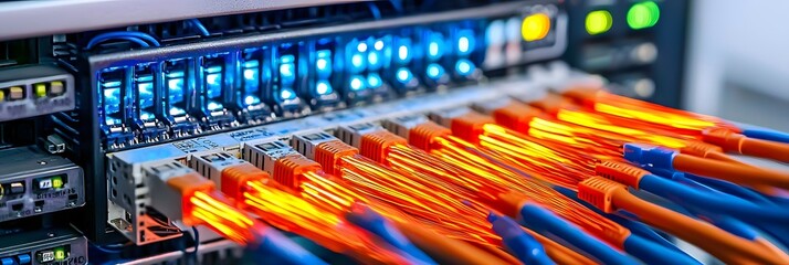 Fototapete - Close up view of a server rack with brightly illuminated fiber optic cables carrying vibrant digital data transmissions