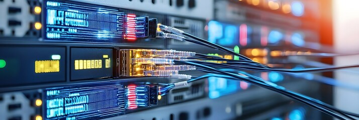 Aufkleber - Close up view of fiber optic cables illuminated with bright colorful lights indicating high speed data transmissions through a digital communication network